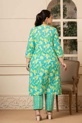 Green Floral Print Pure Cotton Kurta Set