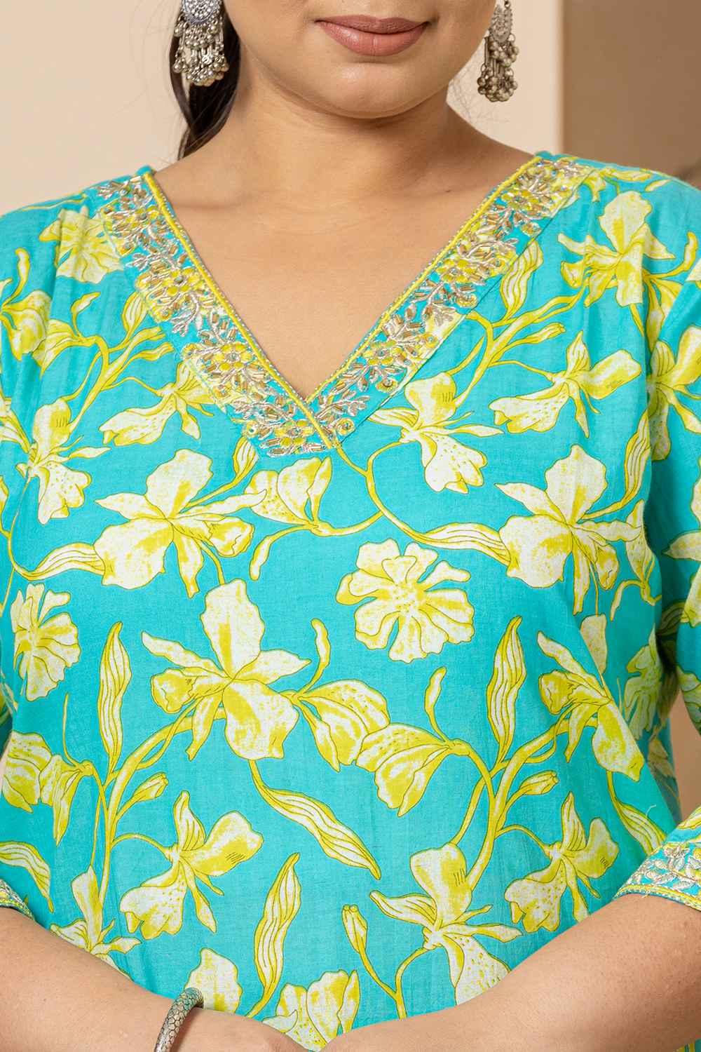 Green Floral Print Pure Cotton Kurti Set