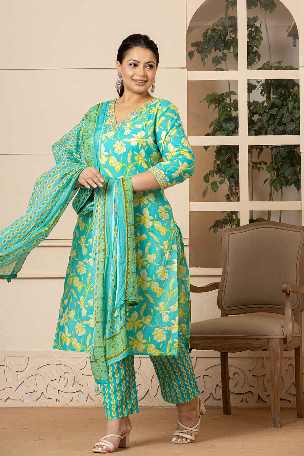 Green Floral Print Pure Cotton Kurta Set