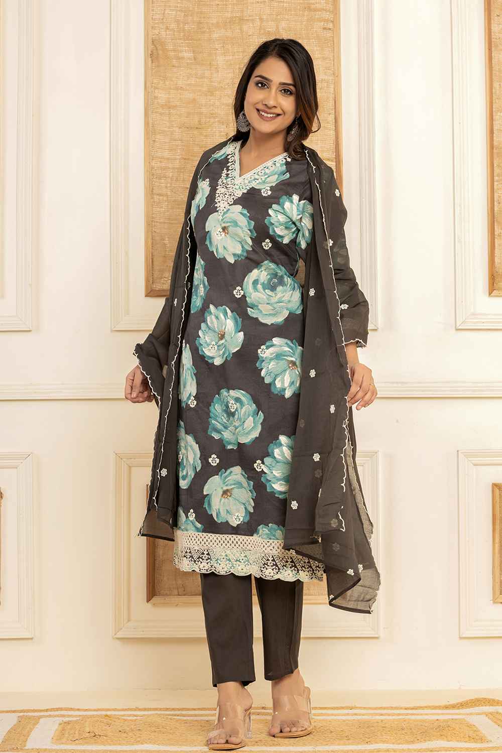 Black Floral Print Thread Work Pure Cotton Kurta Set