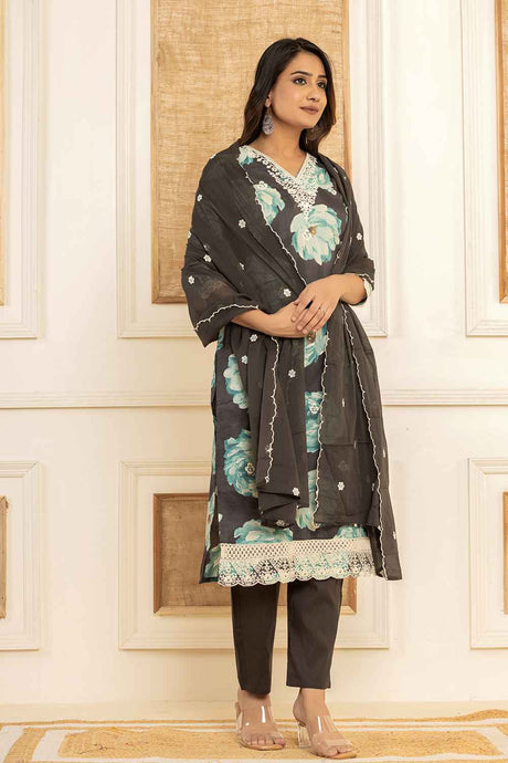 Black Floral Print Thread Work Pure Cotton Kurta Set