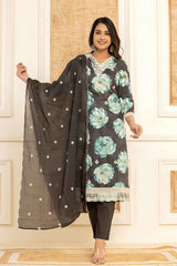 Black Floral Print Thread Work Pure Cotton Kurta Set