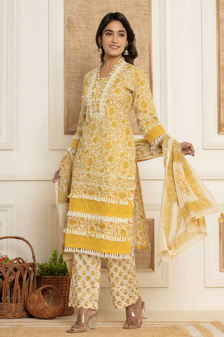 Multi-Color Floral Print Thread Work Pure Cotton Kurta Set