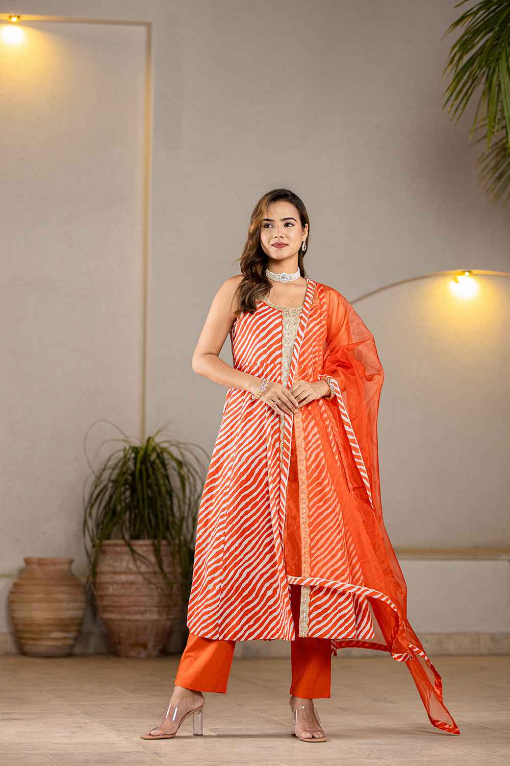 Orange Leheriya Lace Work Pure Cotton Kurti Set