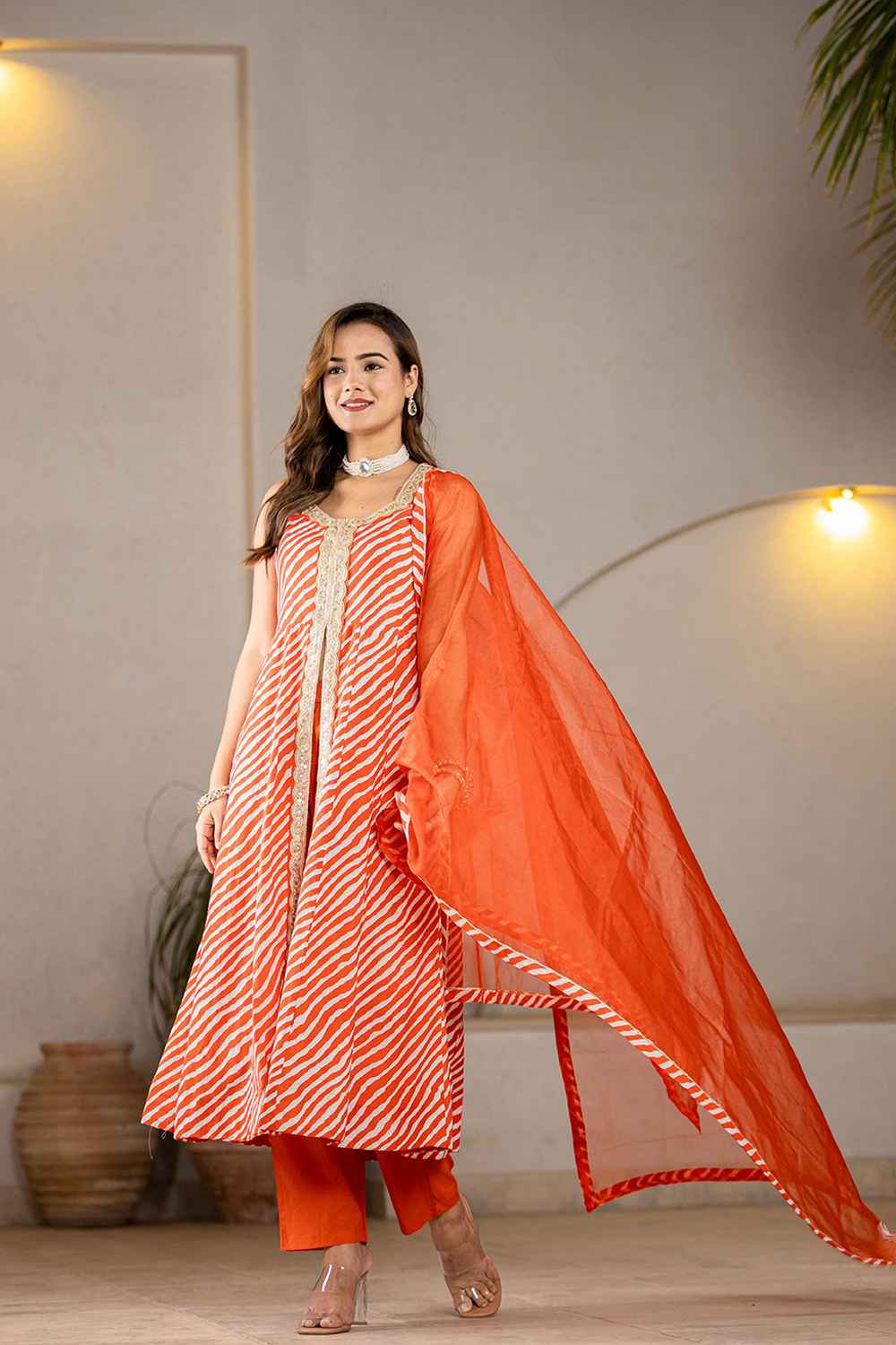 Orange Leheriya Lace Work Pure Cotton Kurta Set