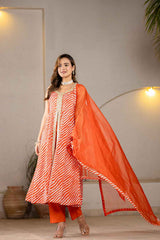 Orange Leheriya Lace Work Pure Cotton Kurta Set