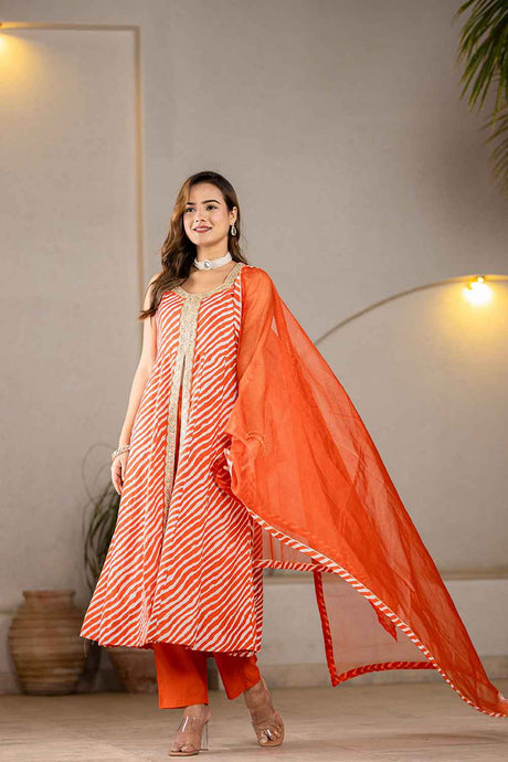 Orange Leheriya Lace Work Pure Cotton Kurti Set