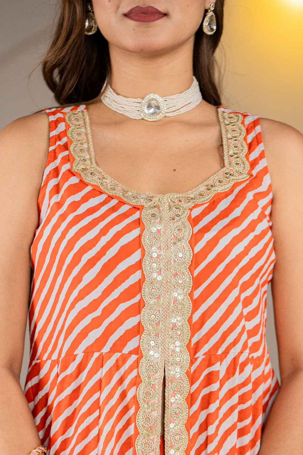 Orange Leheriya Lace Work Pure Cotton Kurti Set