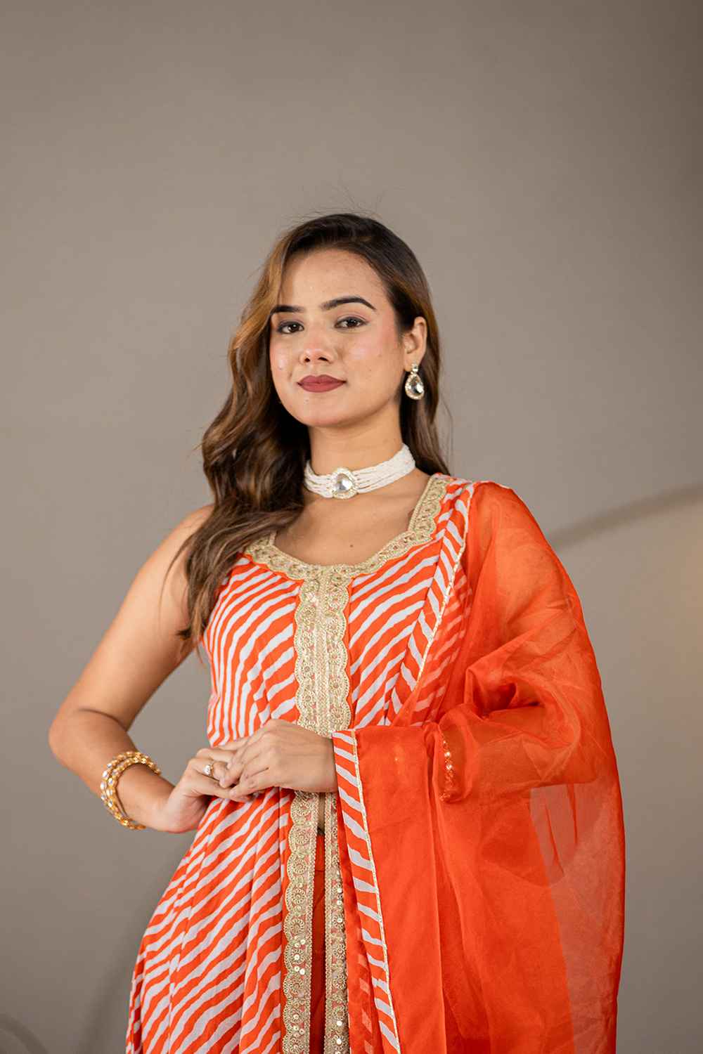 Orange Leheriya Lace Work Pure Cotton Kurti Set