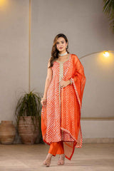 Orange Leheriya Lace Work Pure Cotton Kurta Set