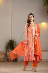 Orange Leheriya Lace Work Pure Cotton Kurti Set