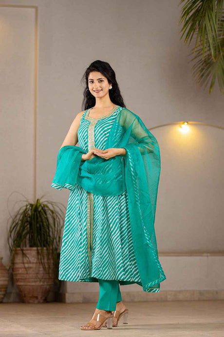 Green Leheriya Lace Work Pure Cotton Kurta Set