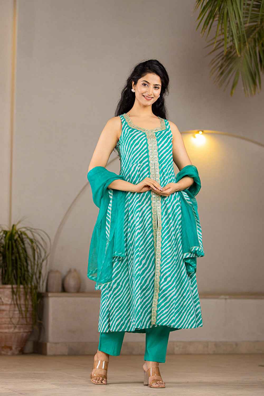 Green Leheriya Lace Work Pure Cotton Kurta Set