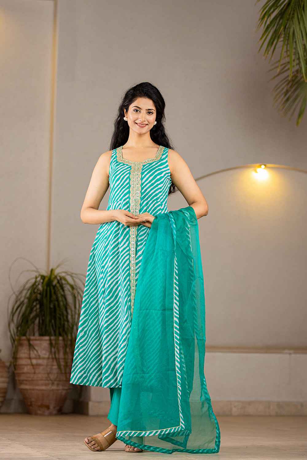 Green Leheriya Lace Work Pure Cotton Kurta Set