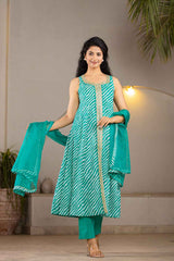 Green Leheriya Lace Work Pure Cotton Kurti Set