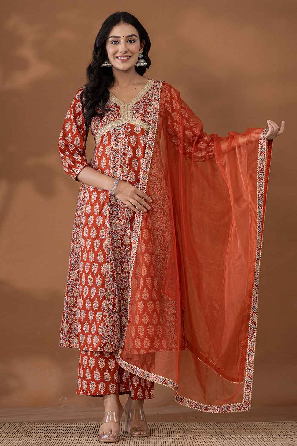 Red Ethnic Motifs Thread Work Pure Cotton Kurta Set