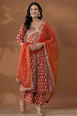 Red Ethnic Motifs Thread Work Pure Cotton Kurta Set