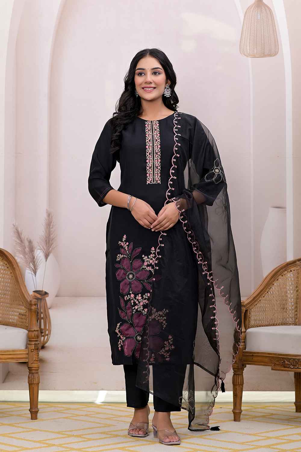 Black Solid Patch Work Silk Kurti Set