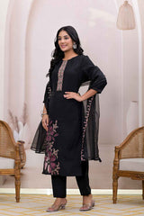 Black Solid Patch Work Silk Kurti Set