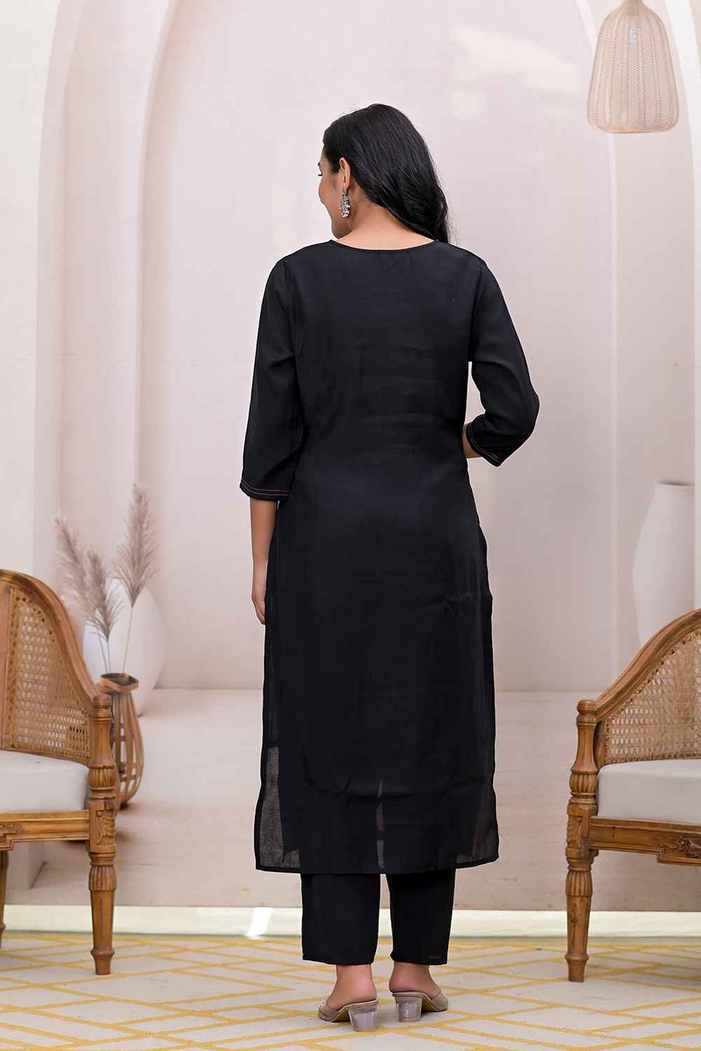 Black Solid Patch Work Silk Kurti Set