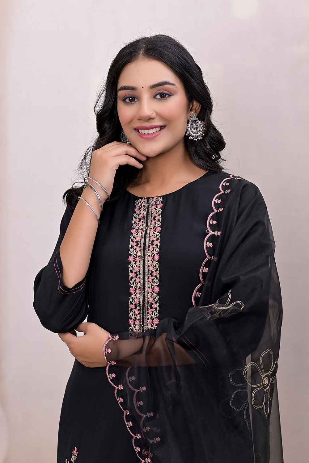 Black Solid Patch Work Silk Kurti Set