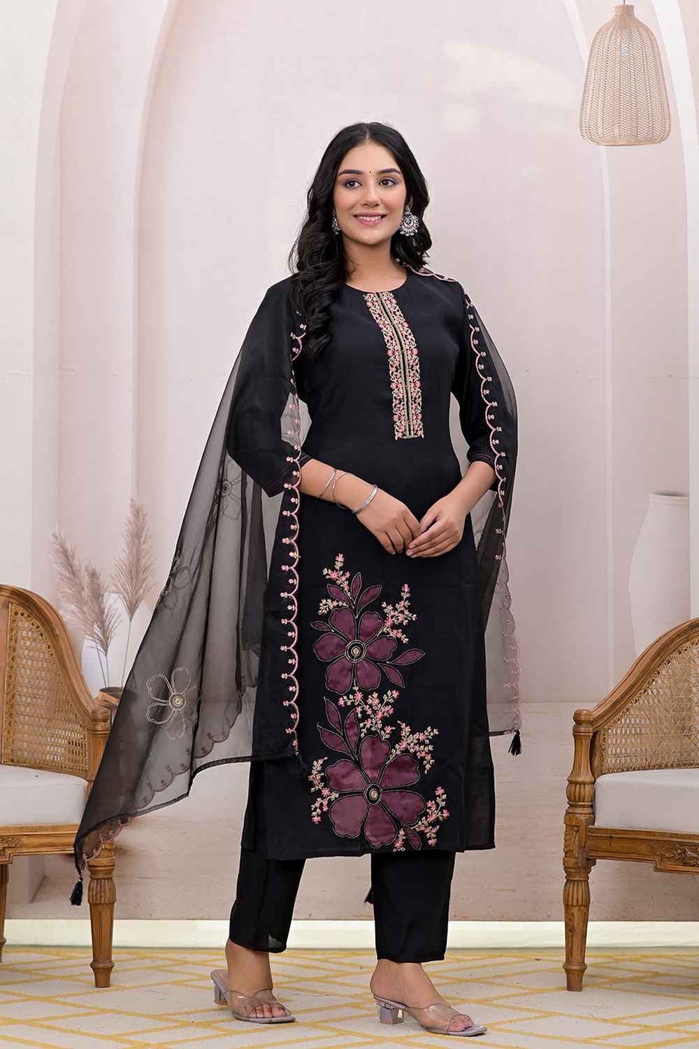 Black Solid Patch Work Silk Kurti Set