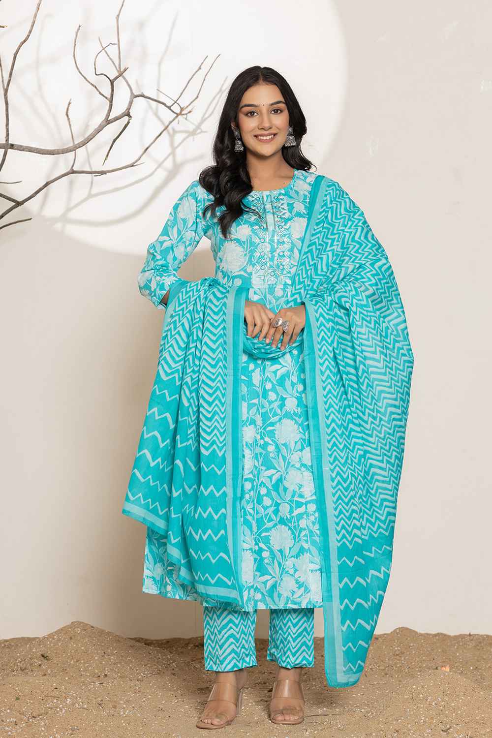 Turquoise Floral Print Sequins Work Pure Cotton Kurti Set