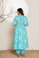 Turquoise Floral Print Sequins Work Pure Cotton Kurta Set