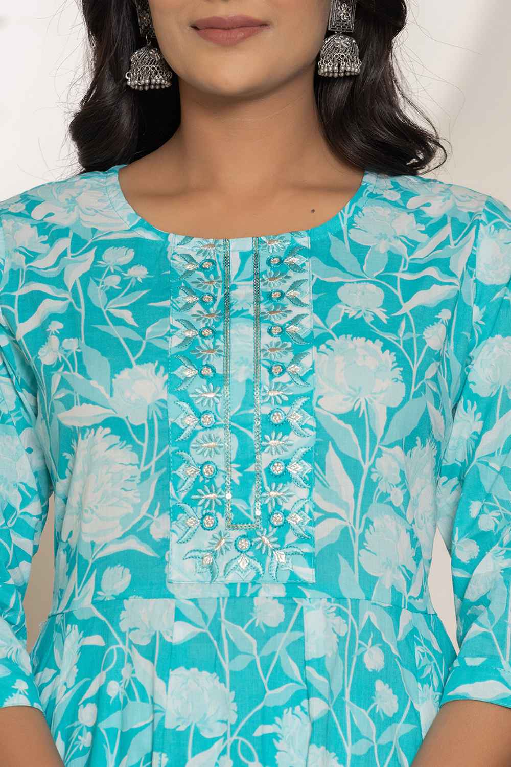 Turquoise Floral Print Sequins Work Pure Cotton Kurti Set