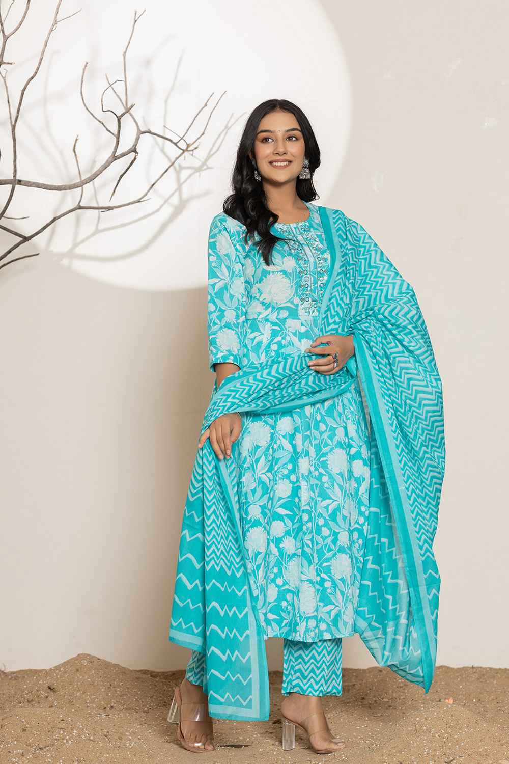 Turquoise Floral Print Sequins Work Pure Cotton Kurta Set