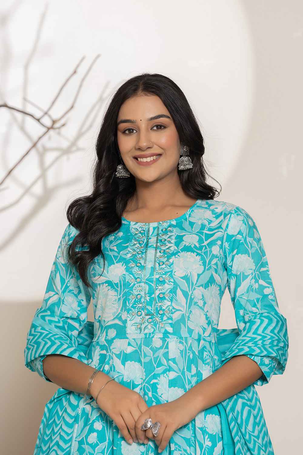 Turquoise Floral Print Sequins Work Pure Cotton Kurta Set