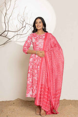 Pink Floral Print Sequins Work Pure Cotton Kurta Set