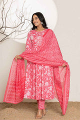 Pink Floral Print Sequins Work Pure Cotton Kurta Set