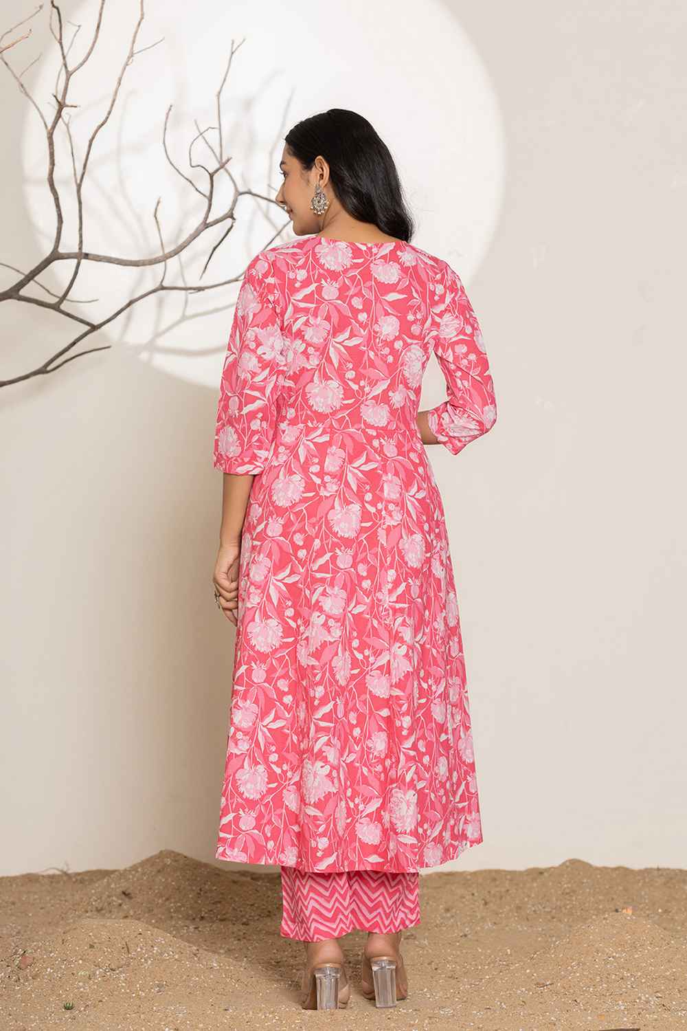 Pink Floral Print Sequins Work Pure Cotton Kurti Set