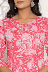 Pink Floral Print Sequins Work Pure Cotton Kurti Set