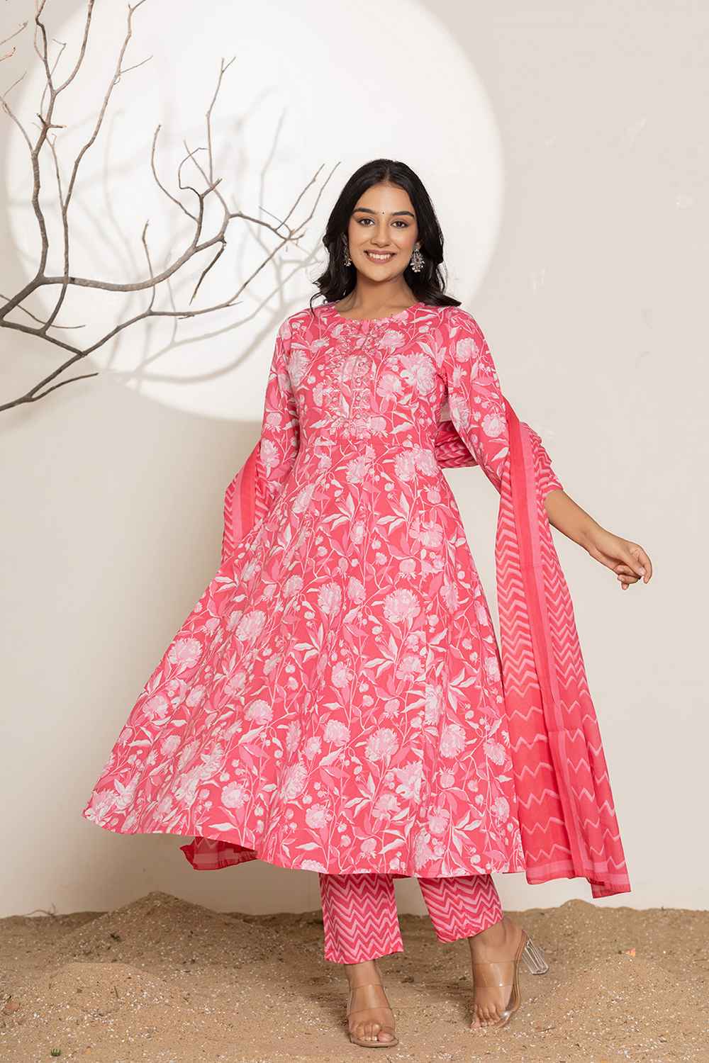 Pink Floral Print Sequins Work Pure Cotton Kurta Set