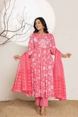 Pink Floral Print Sequins Work Pure Cotton Kurti Set