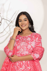 Pink Floral Print Sequins Work Pure Cotton Kurti Set