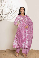 Violet Floral Print Sequins Work Pure Cotton Kurta Set