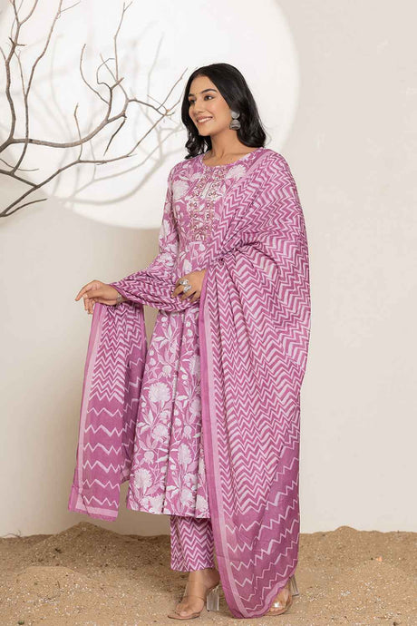 Violet Floral Print Sequins Work Pure Cotton Kurta Set