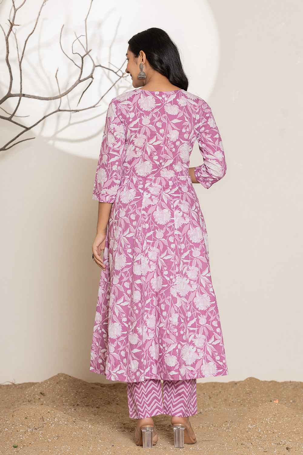 Violet Floral Print Sequins Work Pure Cotton Kurti Set