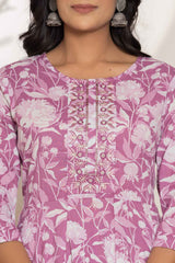 Violet Floral Print Sequins Work Pure Cotton Kurta Set