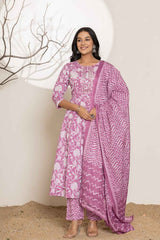 Violet Floral Print Sequins Work Pure Cotton Kurta Set