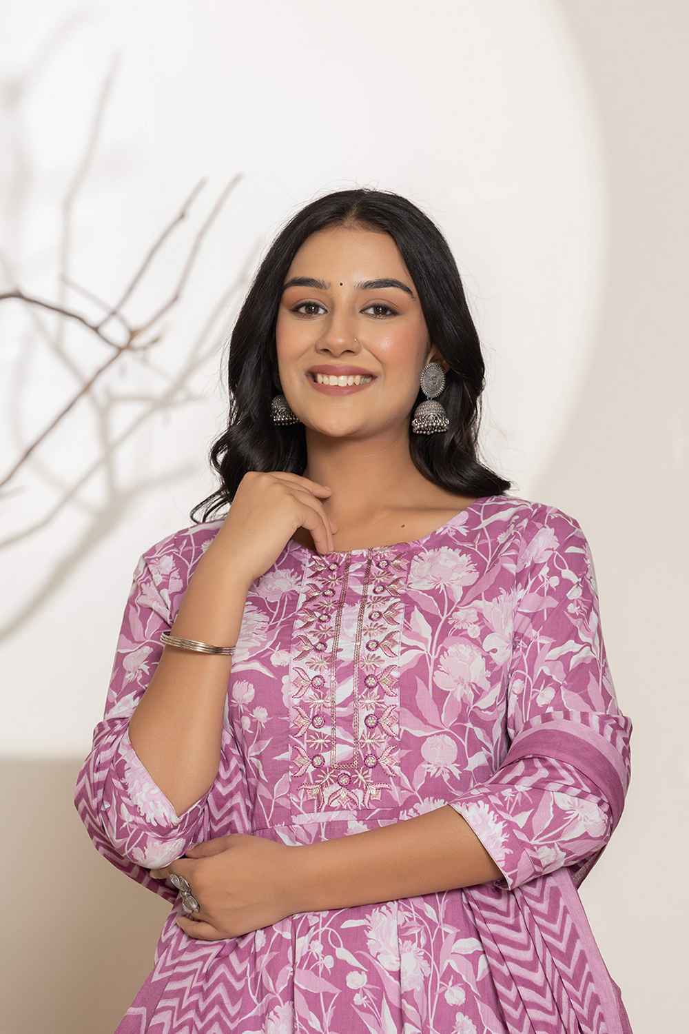 Violet Floral Print Sequins Work Pure Cotton Kurta Set