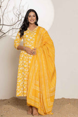 Yellow Floral Print Embroidered Pure Cotton Kurti Set