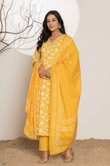 Yellow Floral Print Embroidered Pure Cotton Kurti Set