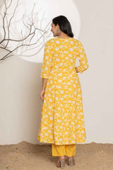 Yellow Floral Print Embroidered Pure Cotton Kurta Set