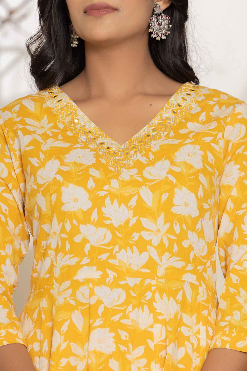 Yellow Floral Print Embroidered Pure Cotton Kurti Set