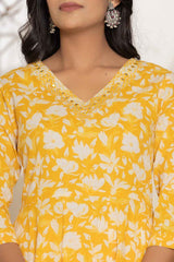 Yellow Floral Print Embroidered Pure Cotton Kurta Set