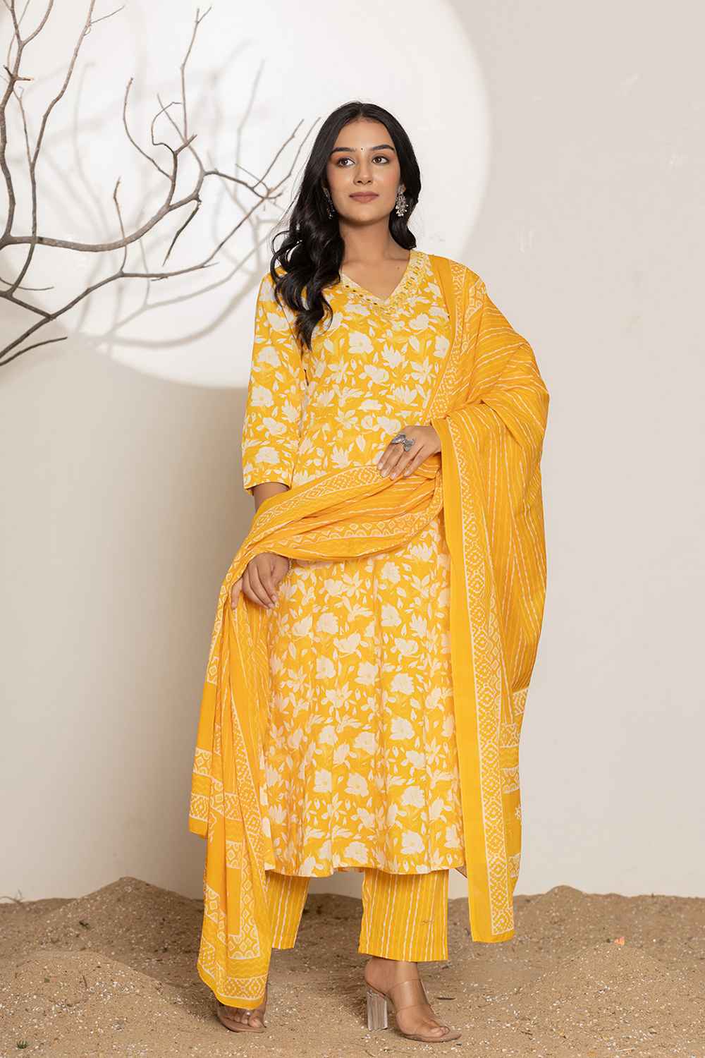 Yellow Floral Print Embroidered Pure Cotton Kurti Set